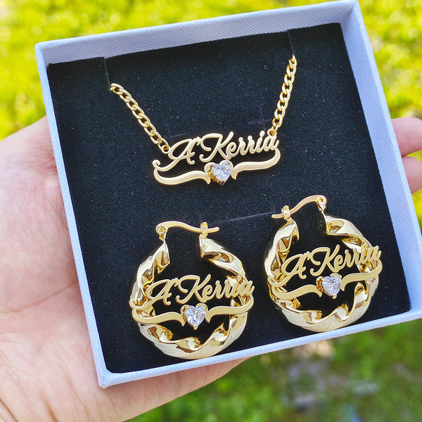 Custom Name Birthstone Necklace & Twist Hoop Earrings Set – Elegant Personalized Jewelry for Women