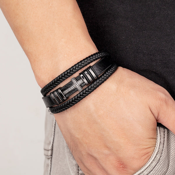 Stylish Men's Cross Leather Bracelet - Perfect Gift for Him