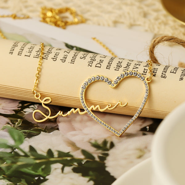 Personalized Crystal Name Necklace with Heart-Signature Style HNS Studio Canada 