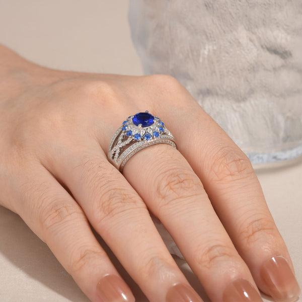 White and Blue Sapphire Floral Round Cut Sterling Silver Ring