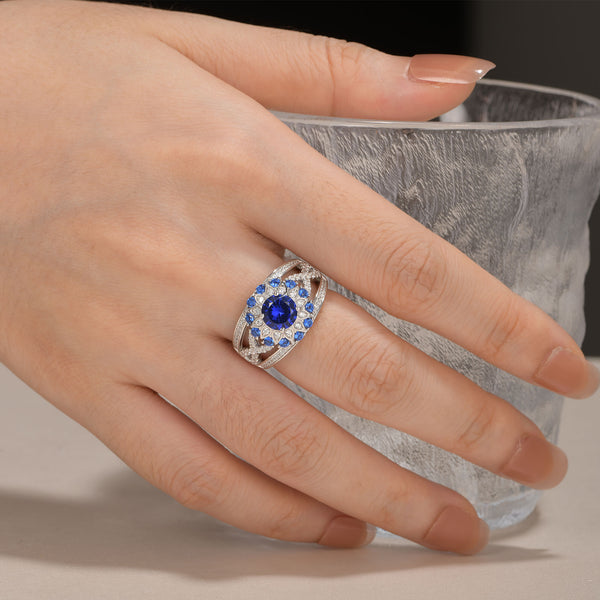 White and Blue Sapphire Floral Round Cut Sterling Silver Ring