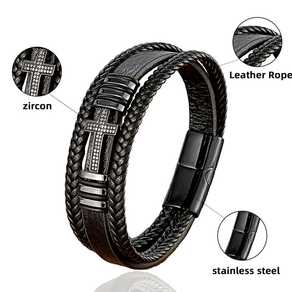 Stylish Men's Cross Leather Bracelet - Perfect Gift for Him