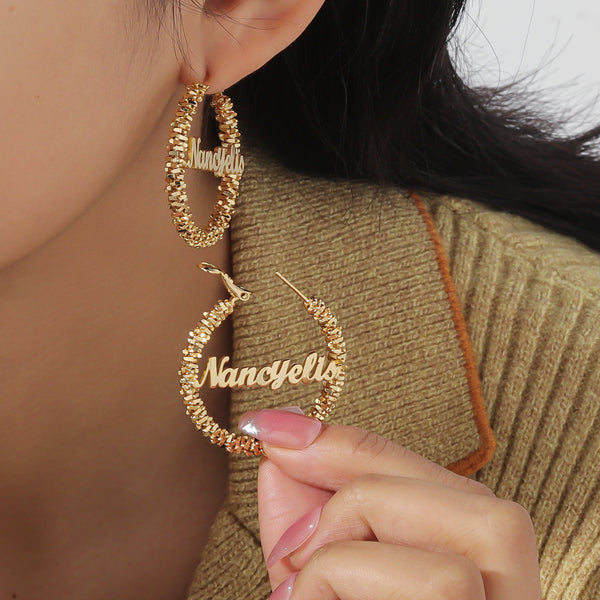 custom hoop name earrings, personalized hoop earrings, name hoop earrings, custom jewelry, personalized gifts, gold hoop earrings, silver hoop earrings, rose gold earrings, unique earrings, custom accessories