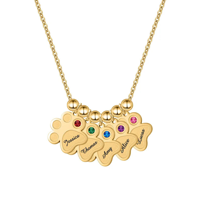 Paw Print Necklace with Kids Names and Birthstones HNS Studio Canada 