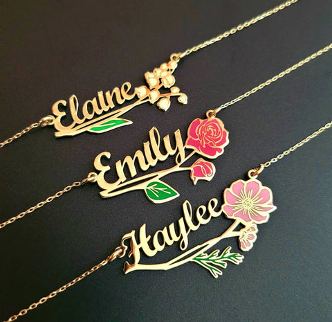 Colorful Birth Flower Name Necklace Horizontal HNS Studio Canada 