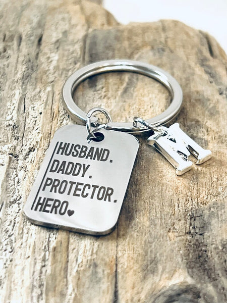 Husband. Daddy. Protector. Hero Engraved Stainless Steel Rectangle Charm on a Silver Tone Keyring