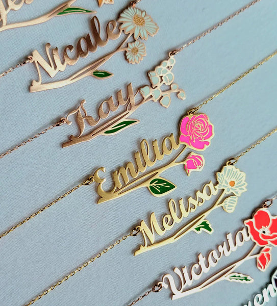 Colorful Birth Flower Name Necklace Horizontal HNS Studio Canada 