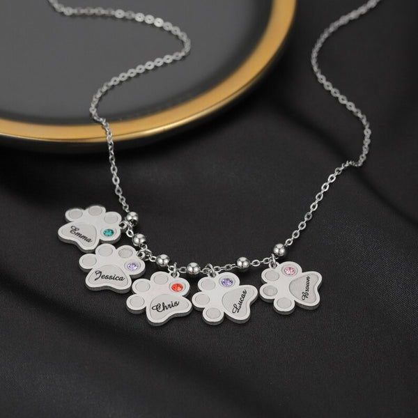 Paw Print Necklace with Kids Names and Birthstones HNS Studio Canada 