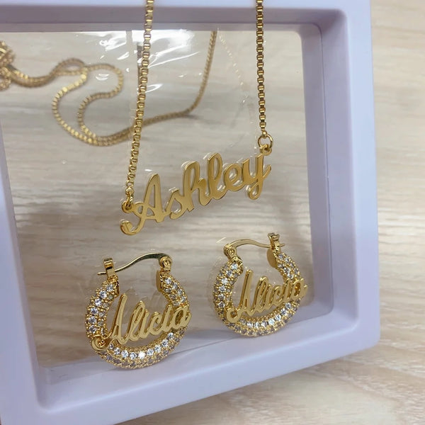 Name Necklace and Hoop Earrings with Bling HNS Studio Canada 