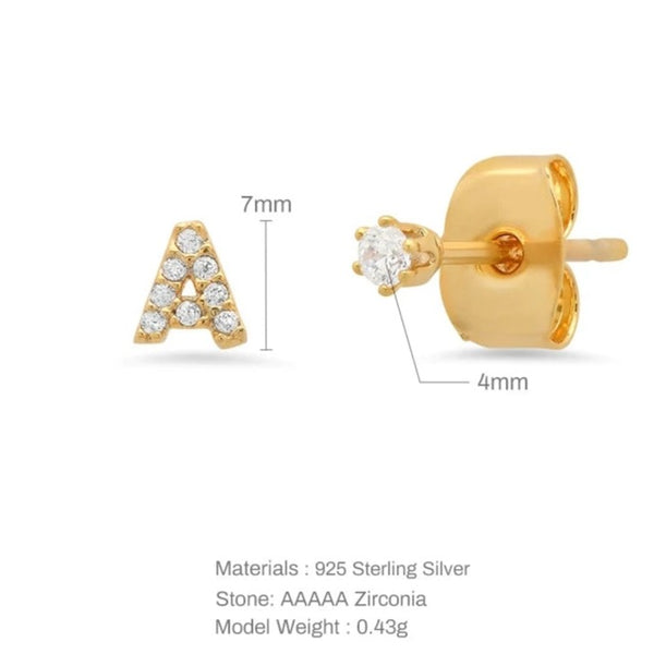Small initial letter stud earrings with zircons HNS Studio Canada a