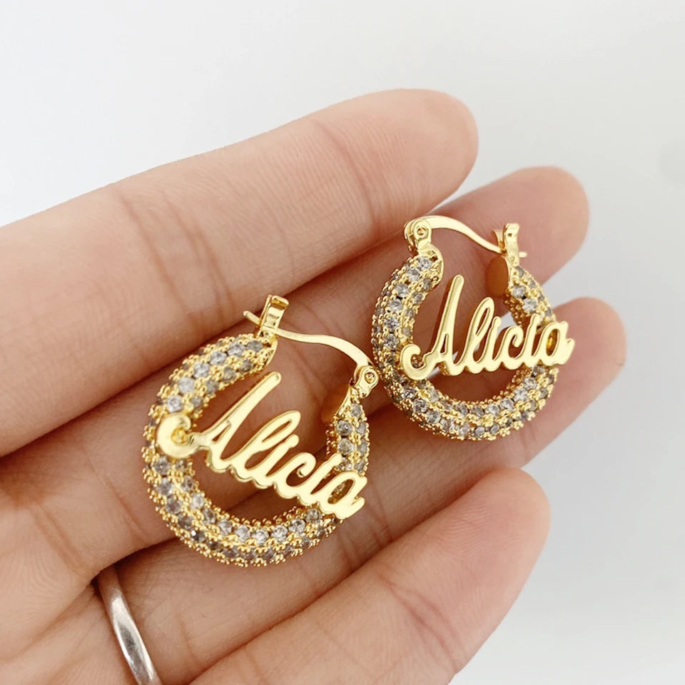 Name Necklace and Hoop Earrings with Bling Rose Gold Color 18 inches
