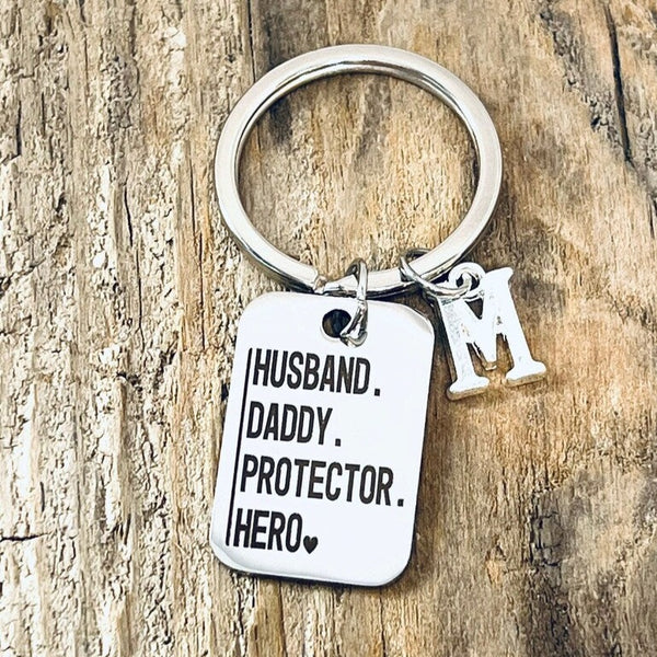 Husband. Daddy. Protector. Hero Engraved Stainless Steel Rectangle Charm on a Silver Tone Keyring