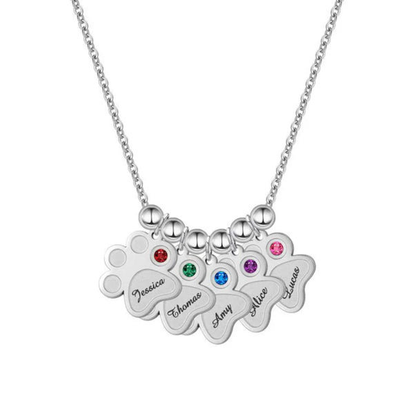 Paw Print Necklace with Kids Names and Birthstones HNS Studio Canada 