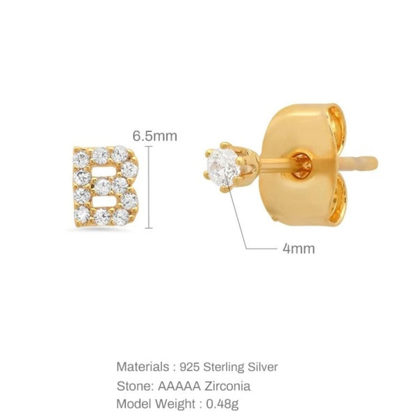 Small initial letter stud earrings with zircons