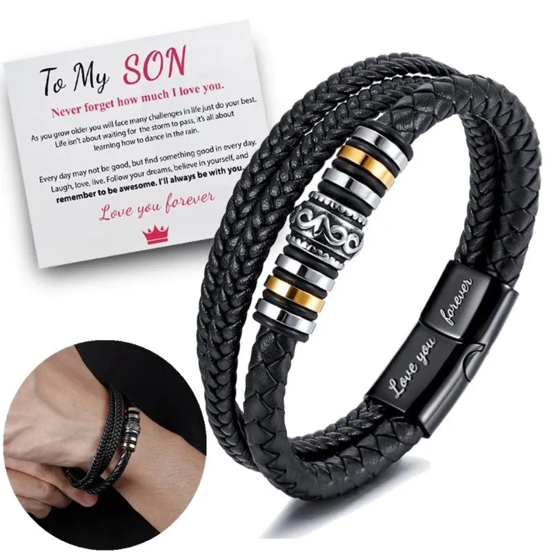 To My Son Never Forget How Much I Love You Braided Leather Bracelet HNS Studio Canada 