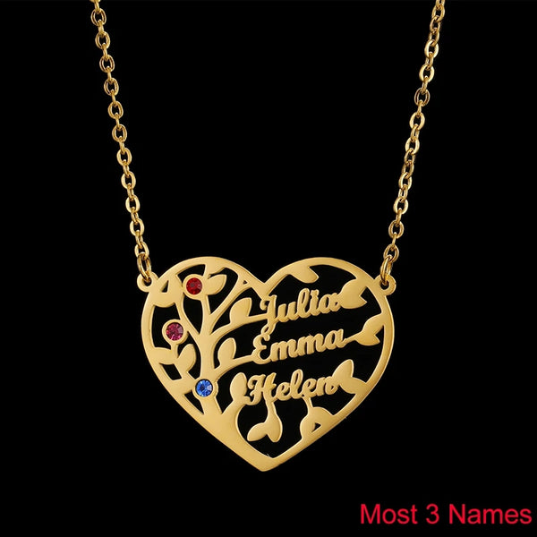 Family Tree Birthstones and Names Necklace - Heart Pendant HNS Studio 