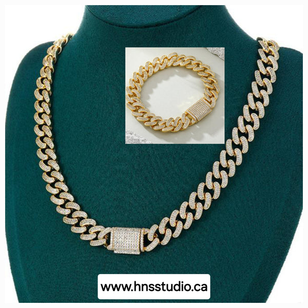 14mm Iced Miami Cuban Chain and Bracelet Set in Gold