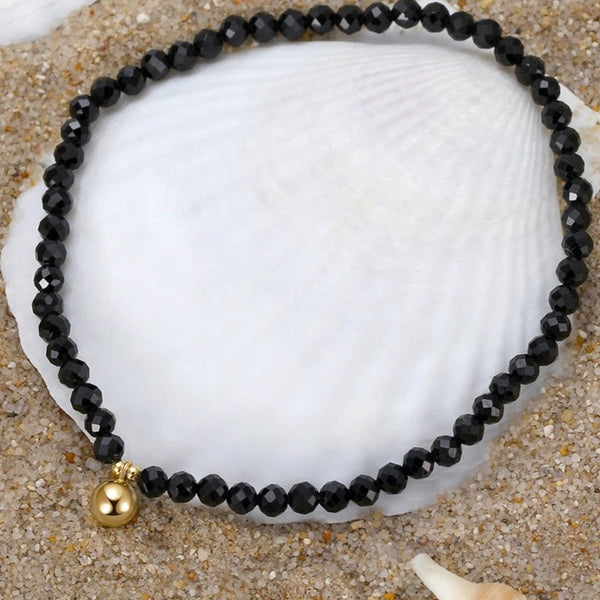 Natural Black Onyx Beaded Anklet Sterling Silver