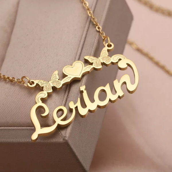 Personalized Butterfly Name Necklace with Heart