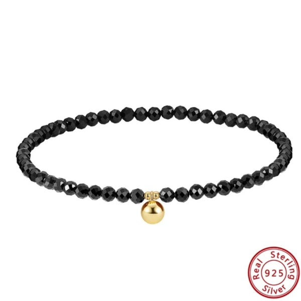 Natural Black Onyx Beaded Anklet Sterling Silver