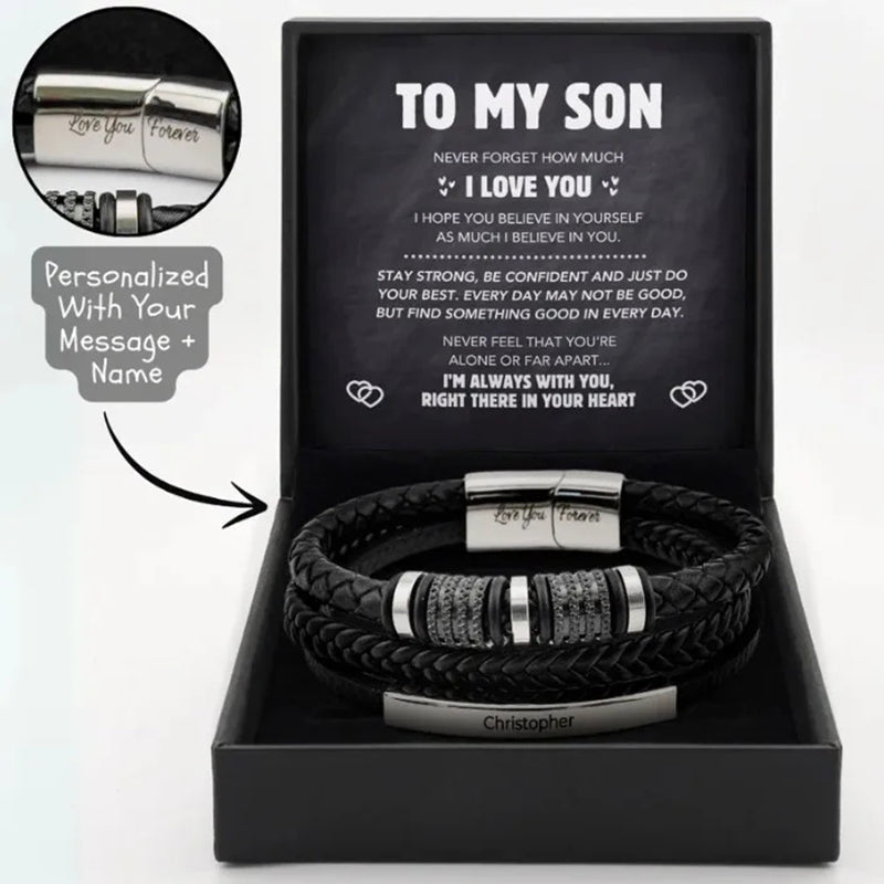 To My Son Engraved Braided Leather Bracelet – Inspirational Gift for Son | Men’s Stainless Steel & Leather Bracelet HNs Studio