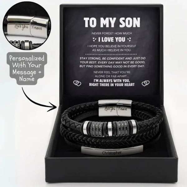 To My Son Engraved Braided Leather Bracelet – Inspirational Gift for Son | Men’s Stainless Steel & Leather Bracelet HNs Studio