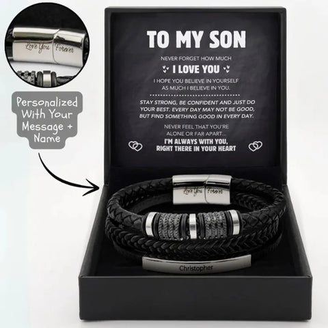 To My Son Engraved Braided Leather Bracelet – Inspirational Gift for Son | Men’s Stainless Steel & Leather Bracelet HNs Studio