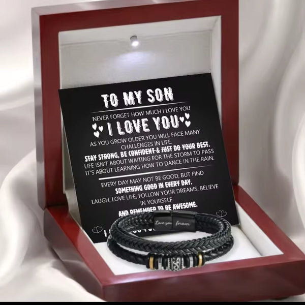 To My Son Never Forget How Much I Love You Braided Leather Bracelet- Led Box