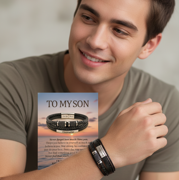 To My Son Engraved Braided Leather Bracelet – Inspirational Gift for Son | Men’s Stainless Steel & Leather Bracelet HNs Studio
