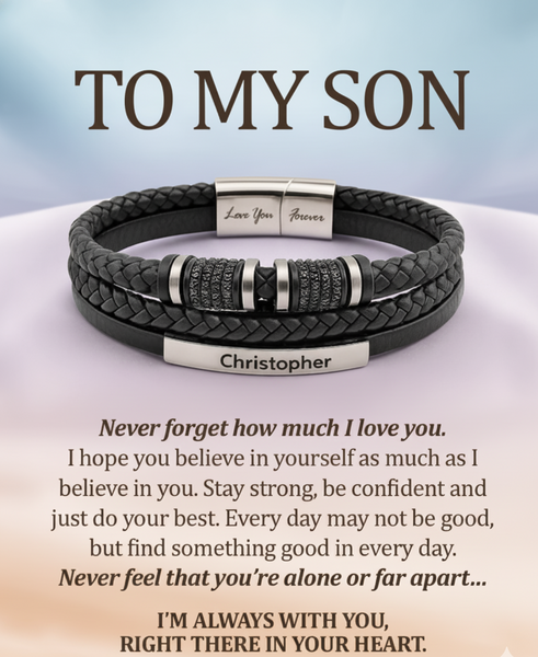 To My Son Engraved Braided Leather Bracelet – Inspirational Gift for Son | Men’s Stainless Steel & Leather Bracelet HNs Studio