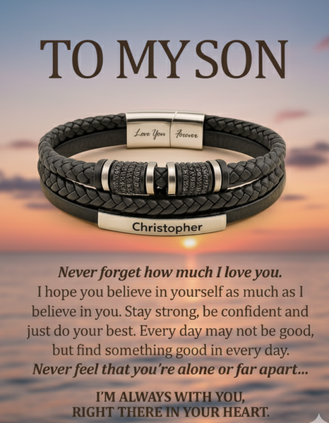 To My Son Engraved Braided Leather Bracelet – Inspirational Gift for Son | Men’s Stainless Steel & Leather Bracelet HNs Studio