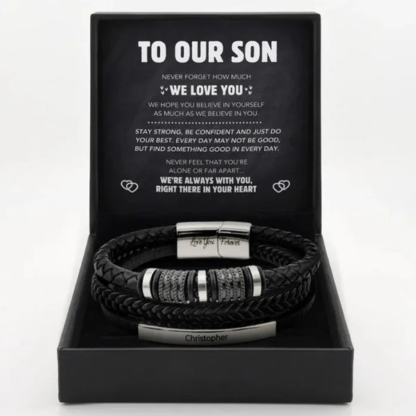 To My Son Engraved Braided Leather Bracelet – Inspirational Gift for Son | Men’s Stainless Steel & Leather Bracelet HNs Studio