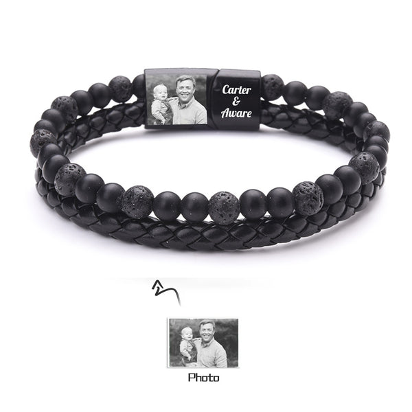Personalized Photo Bracelet for Men – Custom Engraved Leather & Beaded Bracelet with Photo and Names