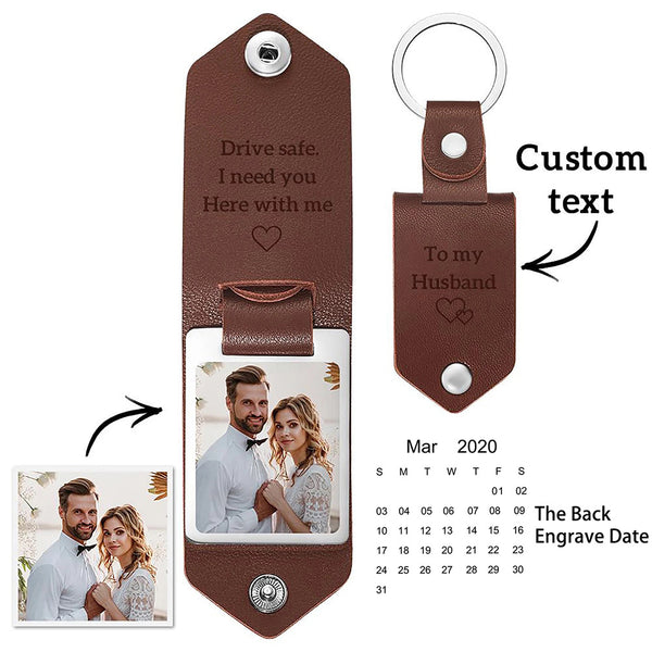 Personalized Calendar Keychain with Photo & Engraved Date – Custom Leather Couple Key Ring Gift