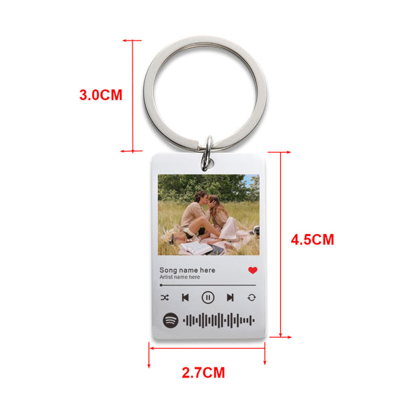 Keychain with photo and music player design, showing dimensions on a white background