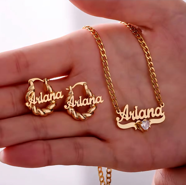 Custom Name Jewelry Set with Birthstone Necklace & Twist Hoop Earrings – Personalized Gift for Her