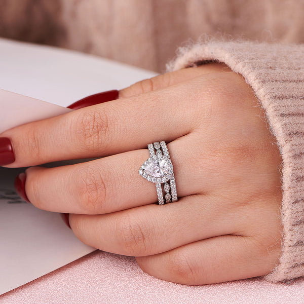 1.8 Carats Halo Sterling Silver Ring and Band – 3 Piece Bridal Set