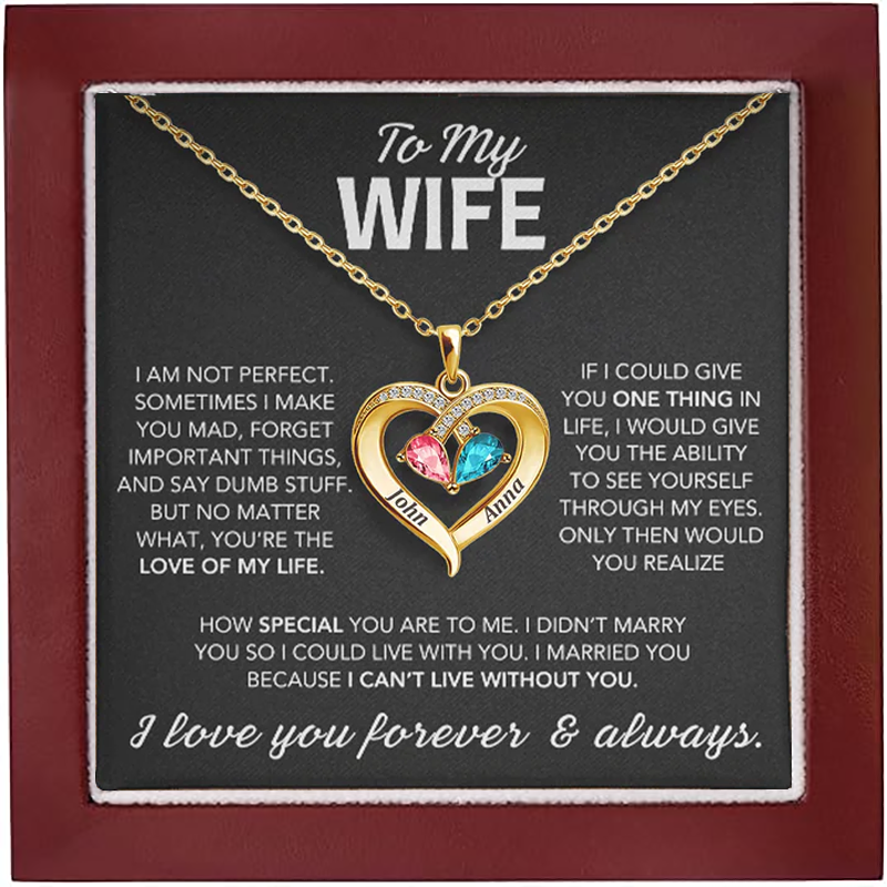 Personalized Heart-Shaped Name Necklace With Birthstones for Wife – Custom Name Jewelry, Anniversary & Christmas Gift