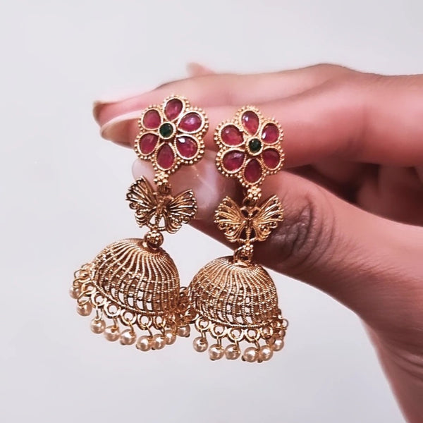 Gold plated Polki Jhumkis - Red HNS Studio Canada 
