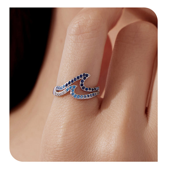 Sterling Silver Double Sea Wave Ring with Blue Stone