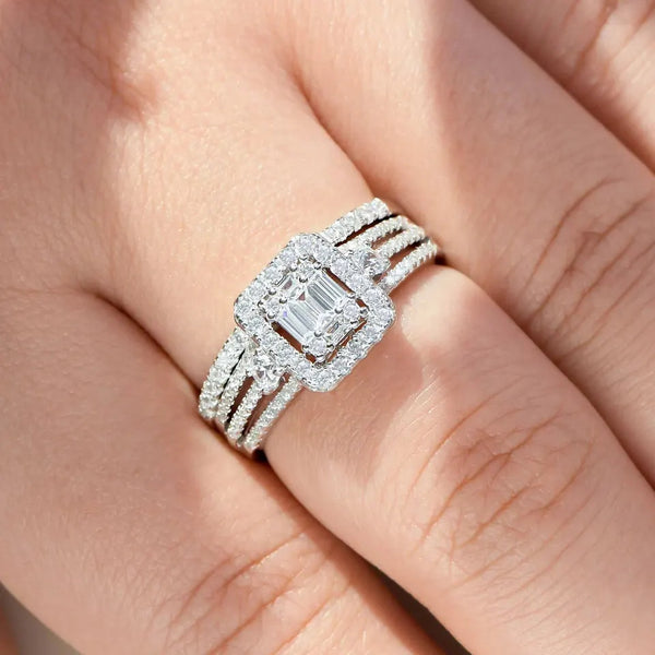 Emerald Cut Sterling Silver Women's Wedding Ring Set