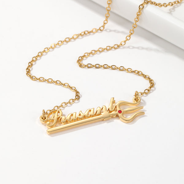 Custom Name Necklace with Trishul Symbol & Birthstone HNS Studio Canada 