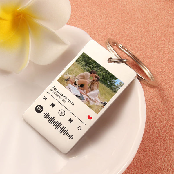Personalized keychain with music player design and photo of a couple on grass