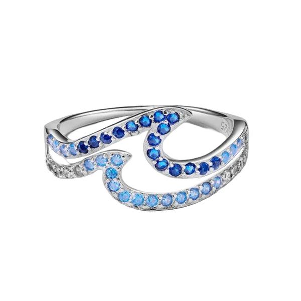 Sterling Silver Double Sea Wave Ring with Blue Stone