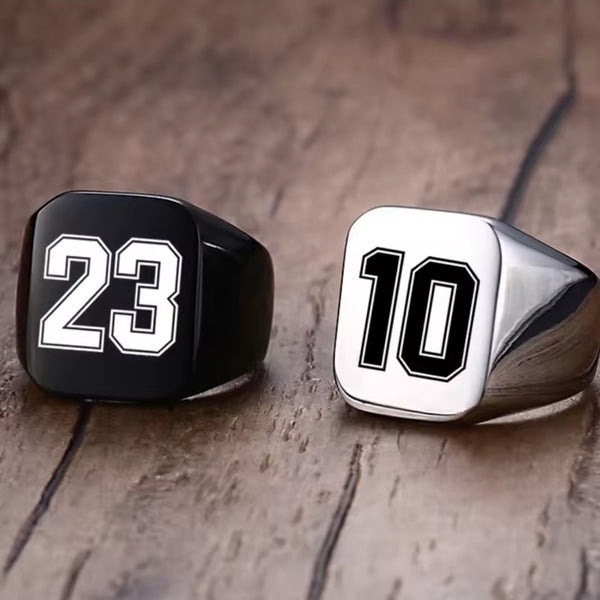 personalized number ring, football fan ring, custom jersey number ring, signet ring stainless steel, engraved sports ring, football jewelry gift, mens signet ring