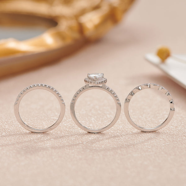 1.8 Carats Halo Sterling Silver Ring and Band – 3 Piece Bridal Set