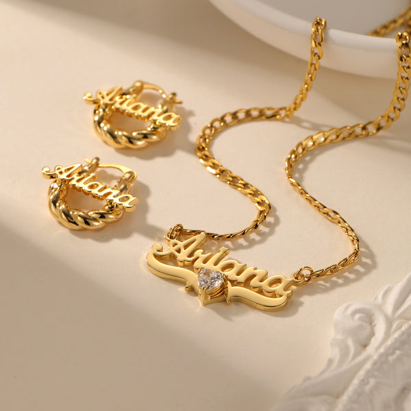 Custom Name Jewelry Set with Birthstone Necklace & Twist Hoop Earrings – Personalized Gift for Her