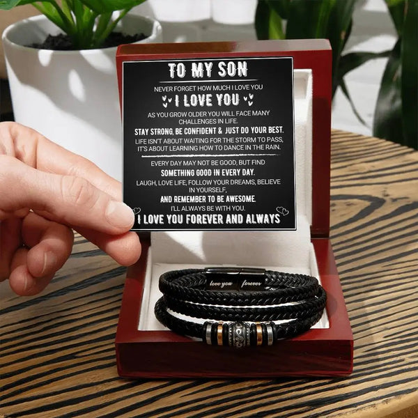To My Son Never Forget How Much I Love You Braided Leather Bracelet- Led Box