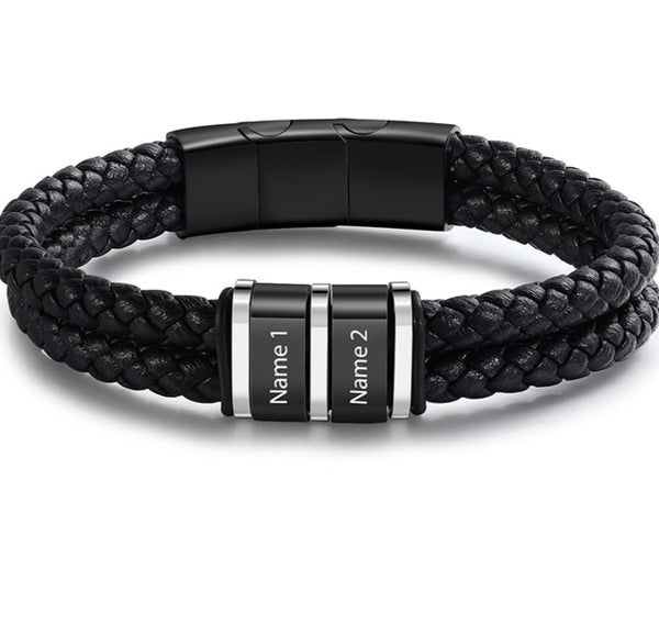 Personalized Men Braided Leather Bracelets with Custom Beads