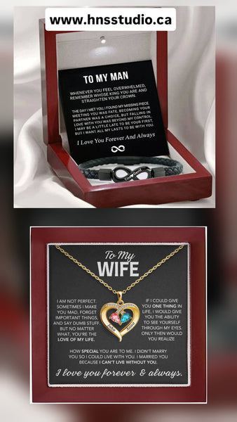 Couple Gift Set– Name Necklace with Birthstones & Infinity Bracelet for Him
